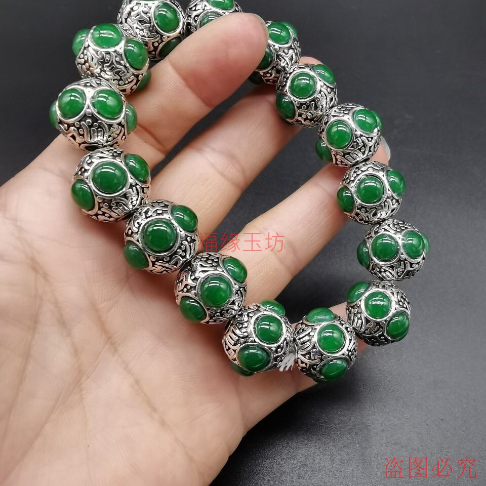 精品银镶嵌玉石手串复古工艺精致细腻银手链情侣男女款民族风
