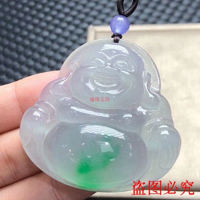 缅甸翡翠阳绿玉佛吊坠飘花弥勒佛公玉坠女士玉挂坠项链挂件女玉佩