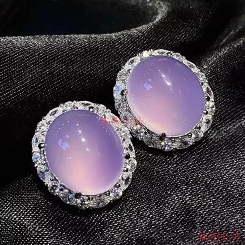 精品天然玛瑙冰种紫玉髓耳钉