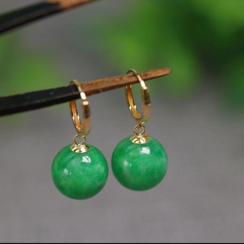 阳绿天然翡翠色干青素面珠子耳坠