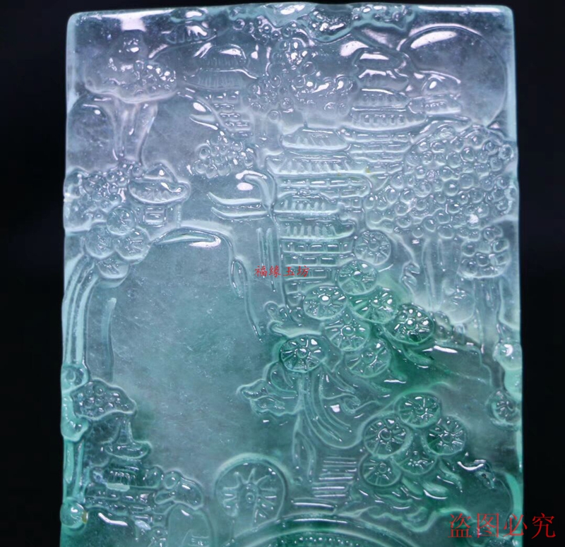 缅甸冰种山水牌吊坠老坑翡翠玉石雕刻飘花绿玉意境山水牌