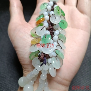 新品缅甸翡翠多彩玉石平安扣车挂手工编织保平安车饰内玉车挂