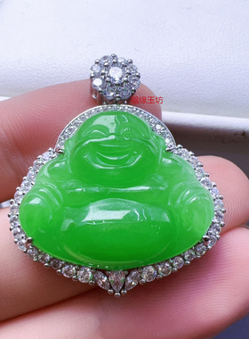 翡翠豆绿佛925银镶嵌尺寸33x29 x 10mm送女友男女同款送礼首选