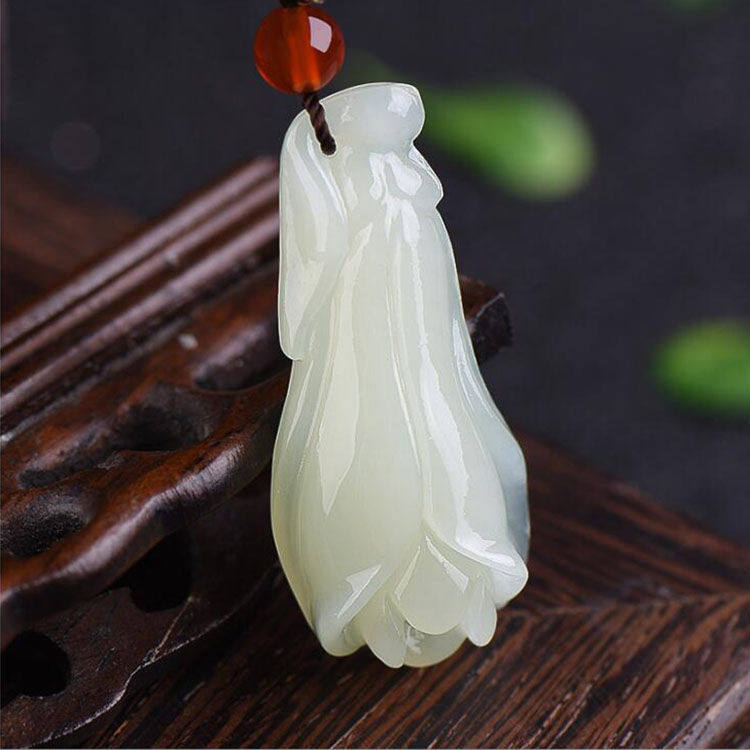 新疆和田玉吊坠玉兰花挂件羊脂级白玉兰花项链玉花卉玉坠包邮