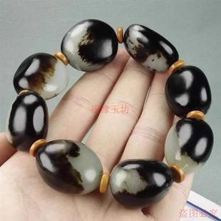 精品和田玉色手串黑皮籽料青花原石手链男女款随形金丝玉玉石手饰