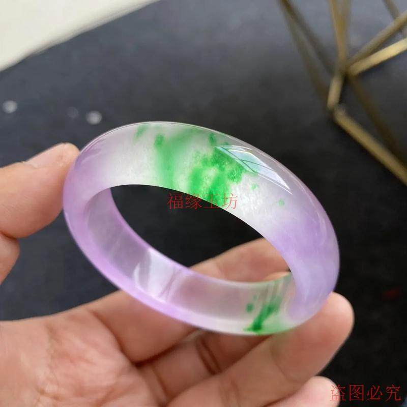 精品翡翠手镯高冰种紫罗兰飘绿宽轮胎玉石镯子女款春彩镯子