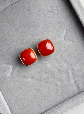 瓦西南红18k镀金镶嵌金耳钉方形ins玉石简约时尚女款红色耳饰