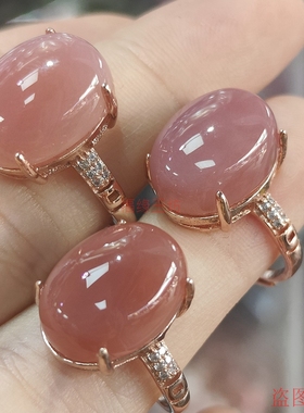 天然玉髓玛瑙戒指活口女款银镶粉玉髓指环戒圈不掉色宝石蛋面