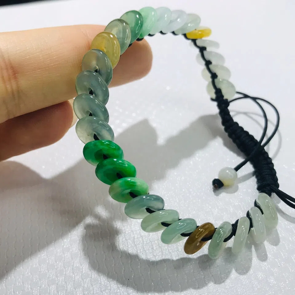 缅甸A货翡翠冰种三彩平安扣手链