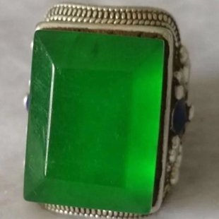 古玩古董收藏品清代翡翠玉冰种方形戒面老银镶嵌开口戒指足银扳指