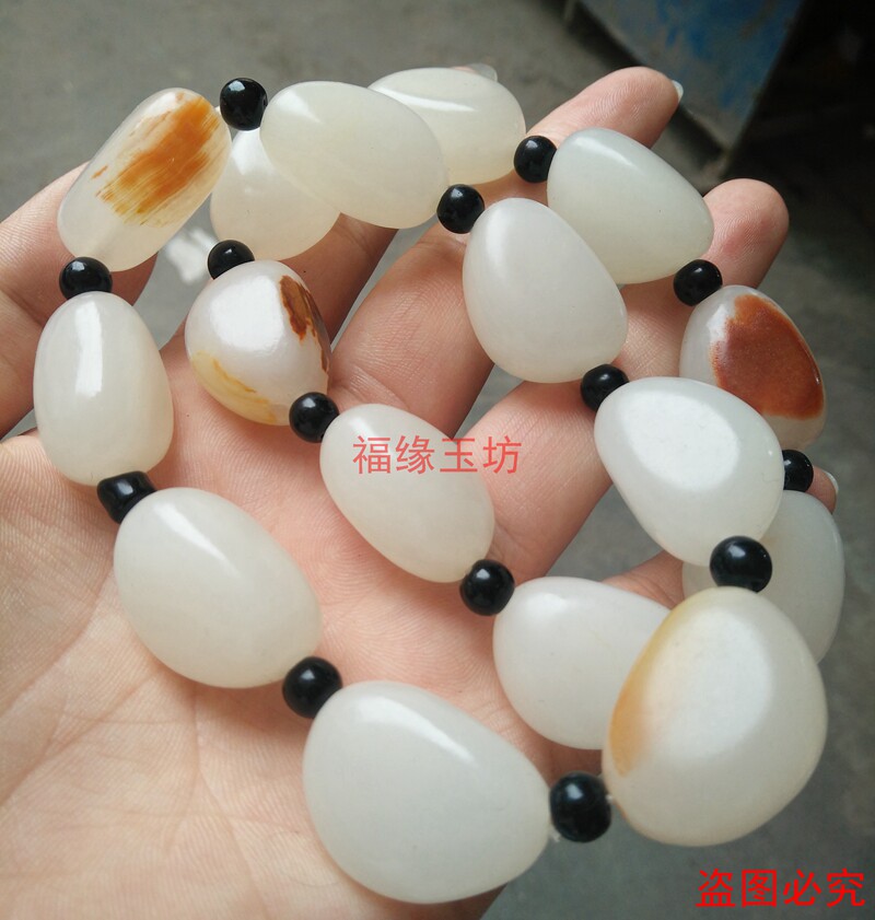 油润新疆和田玉白玉籽料原石红皮手链玉手串白玉手链男女款