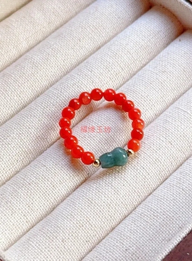 新款红色指环4mm柿子红南红玛瑙珠配A级翡翠葫芦女款戒指不掉色