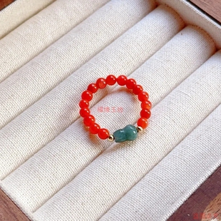 新款红色指环4mm柿子红南红玛瑙珠配A级翡翠葫芦女款戒指不掉色