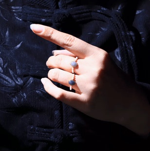 帝王紫珍珠款小香风和田玉烟紫色黄金色蛋面活口戒指镶嵌女款