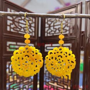 精品时尚黄翡耳坠精雕花纹镂空设计无事圆牌耳环精致百搭女款耳饰