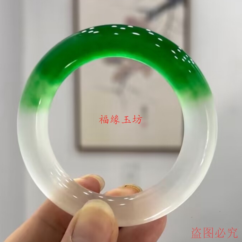 缅甸老坑翡翠冰种正品玉石手镯半白半绿胖圆条正阳绿玉镯子女