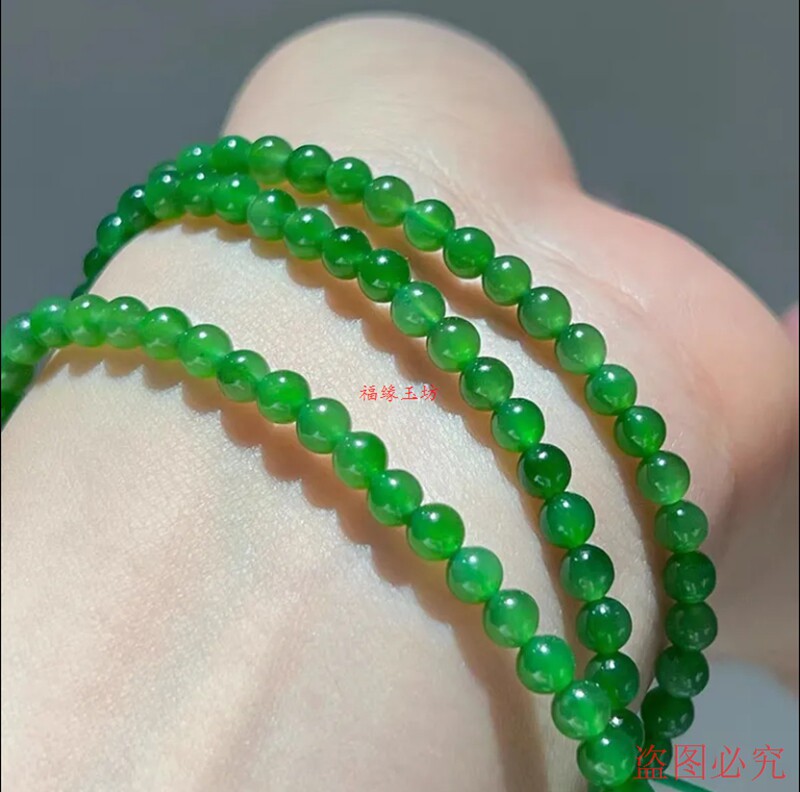 天然俄罗斯老料碧玉色小米珠正阳绿果绿色玉手串菠菜绿和田玉色