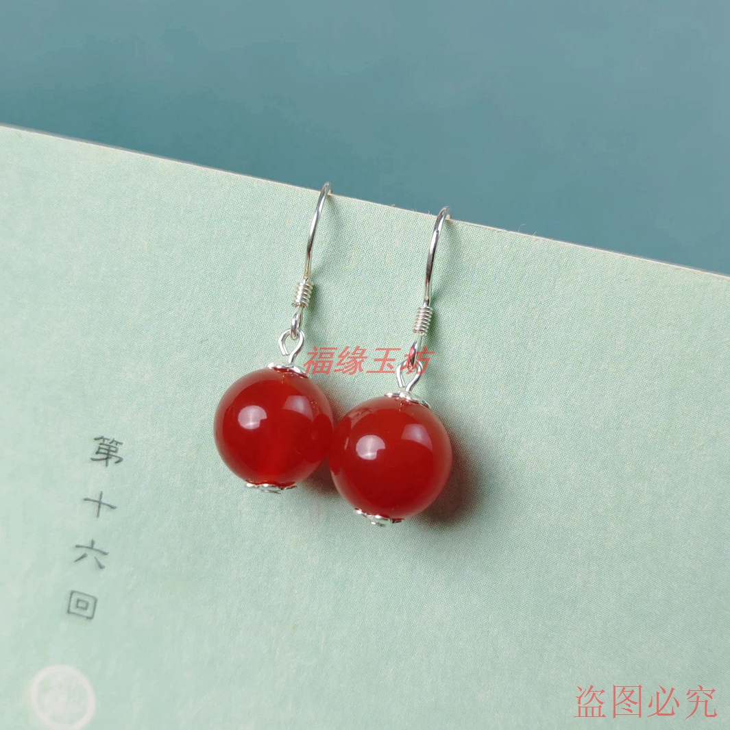 天然红玛瑙卡10毫米纯银圆珠耳环