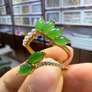 新款精品和田玉碧玉搭配珍珠戒指女款时尚百搭指环玉石戒指送女友