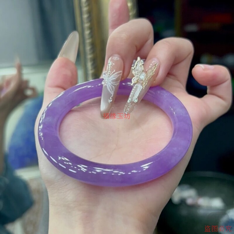 精品缅甸翡翠手镯冰透水润紫罗兰满紫色福镯女款圆条玉石镯子手饰