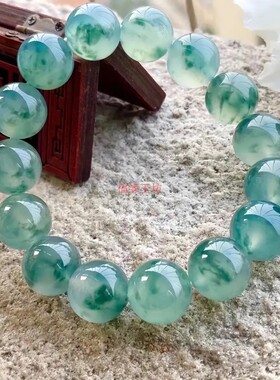 精品飘花玉石手串翡翠色高冰种飘绿男女款圆珠单圈手链独龙玉手饰