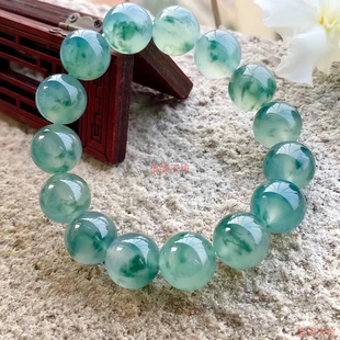精品飘花玉石手串翡翠色高冰种飘绿男女款 圆珠单圈手链独龙玉手饰