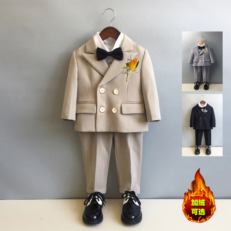儿童西装套装男童帅气英伦风加绒潮宝宝小西服秋冬季花童周岁礼服