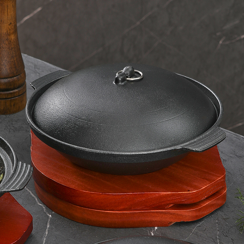 加厚铸铁锅平底煲仔饭锅燃气生铁锅带木板锅巴饭不粘锅商用铁砂锅
