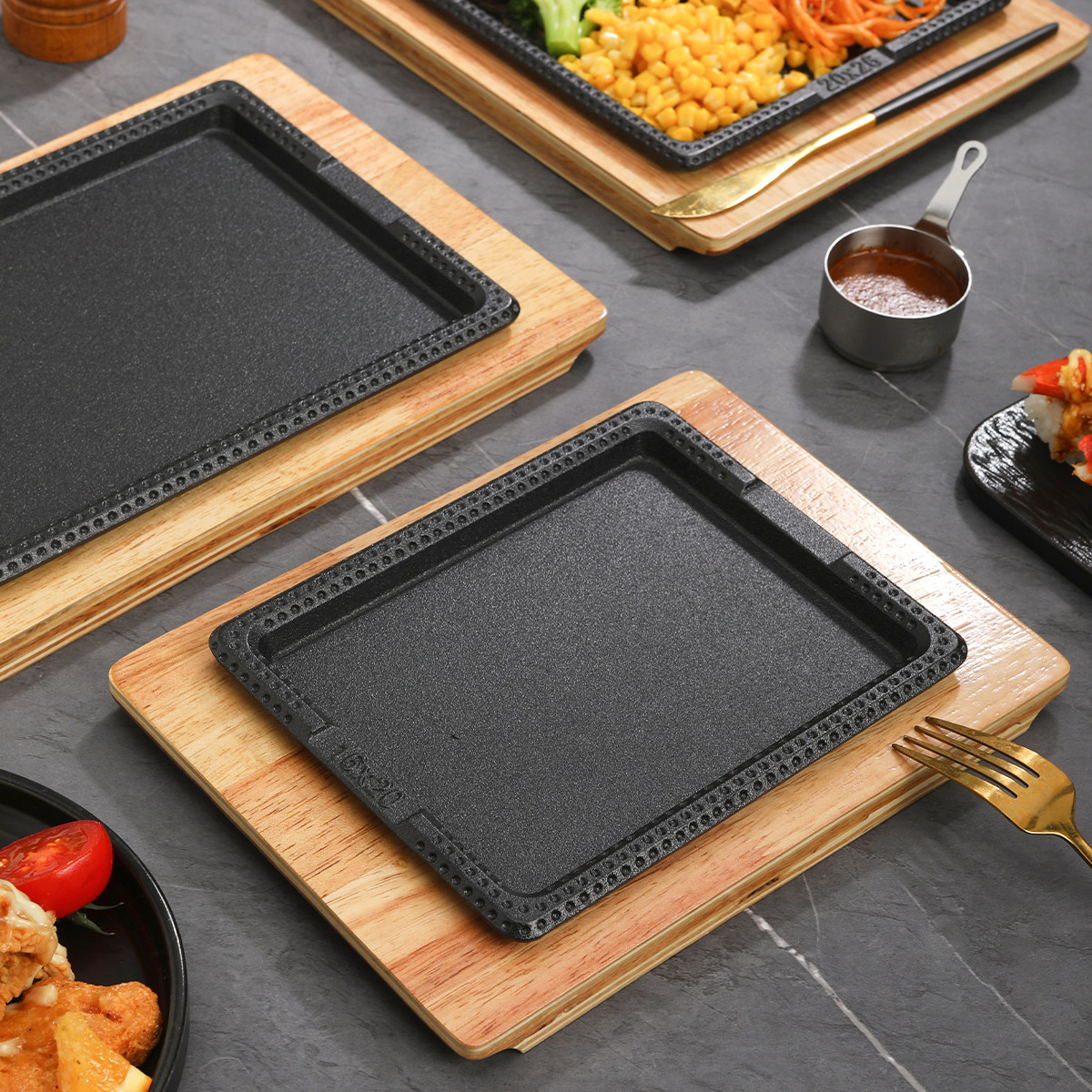 长方形铁板烧盘不粘铸铁烤盘牛排盘家用烤肉锅韩式铁板烤鱼盘商用