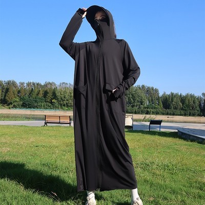 防晒衣超长款透气连帽防晒服户外全身防紫外线运动风衣外套女装薄