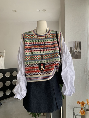 复古民族风彩色条纹针织马甲背心女秋冬叠穿无袖内搭撞色毛衣坎肩
