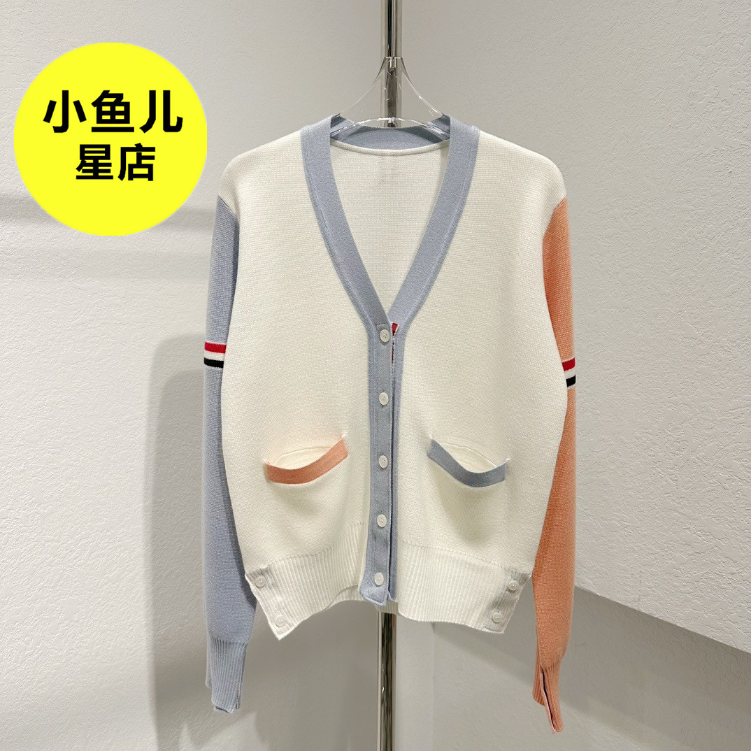 高端版 TB双袖织带撞色V领毛衣时髦外套女洋气外穿针织开衫上衣