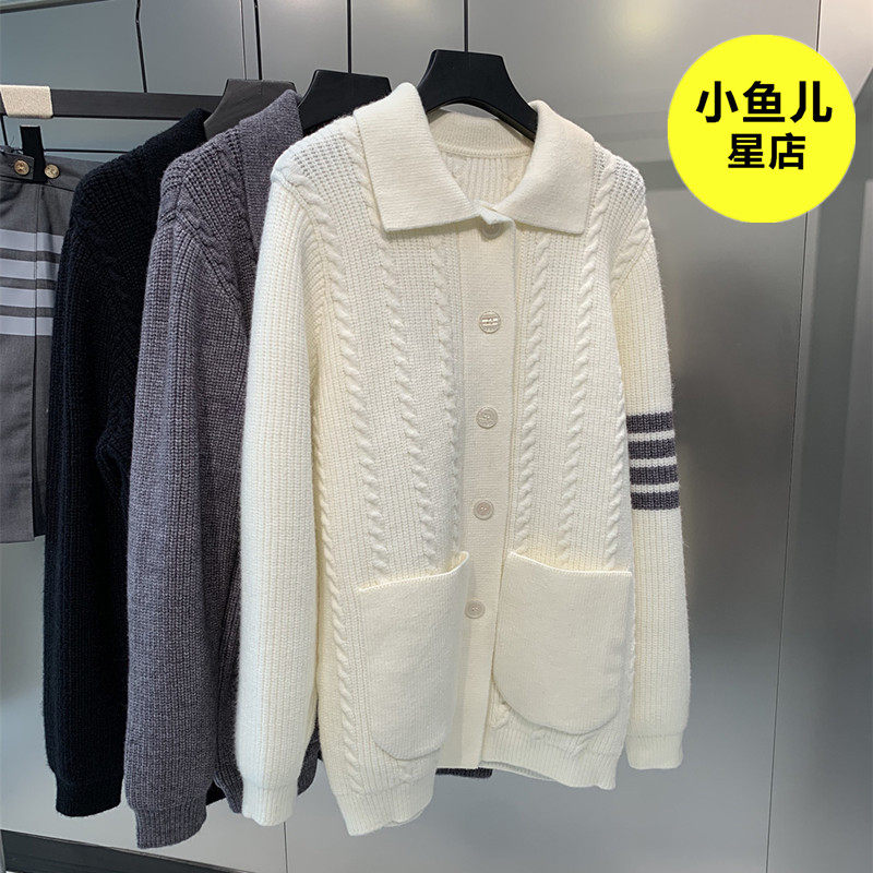 法式复古tb学院风慵懒四道杠翻领针织外套秋冬宽松麻花毛衣开衫女