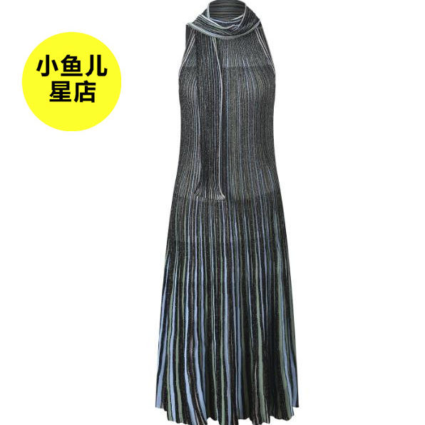 法式浪漫春季款时尚不规则撞色渐变竖条纹挂脖无袖长款针织连衣裙