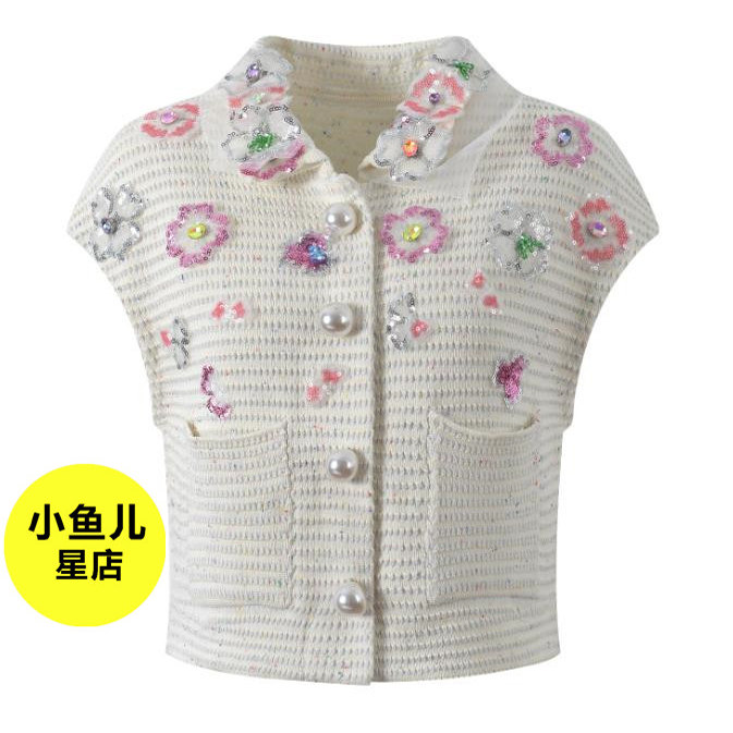 法式浪漫夏季款甜美风立体花朵珠饰时尚气质短袖翻领开衫马甲上衣