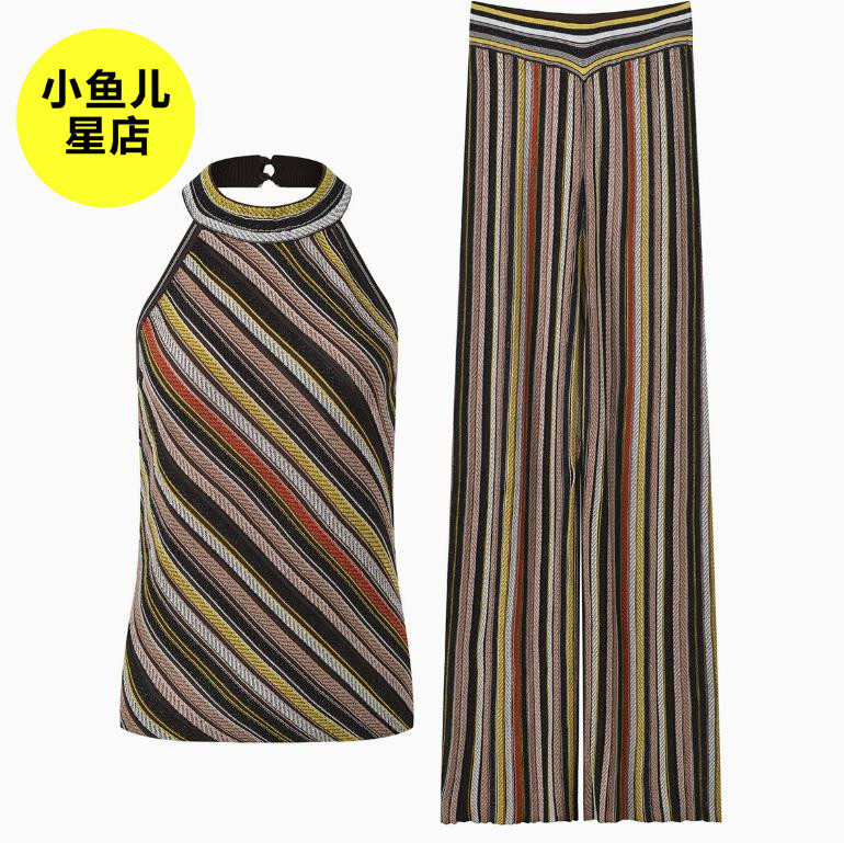 法式秋冬新款撞色斜条纹气质时尚修身显瘦挂脖露背上衣阔腿裤套装