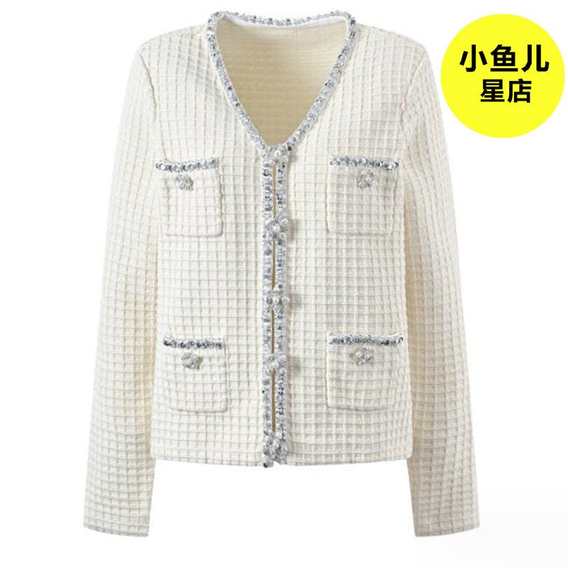 珍珠镶钻边纽扣V领开衫外套