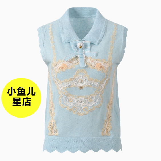 法式浪漫夏季新款温柔减龄时尚镂空蕾丝绣花拼接针织无袖背心上衣
