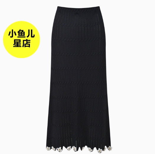法式浪漫夏季款时尚气质优雅百搭黑色亮片花朵针织长款包臀半身裙