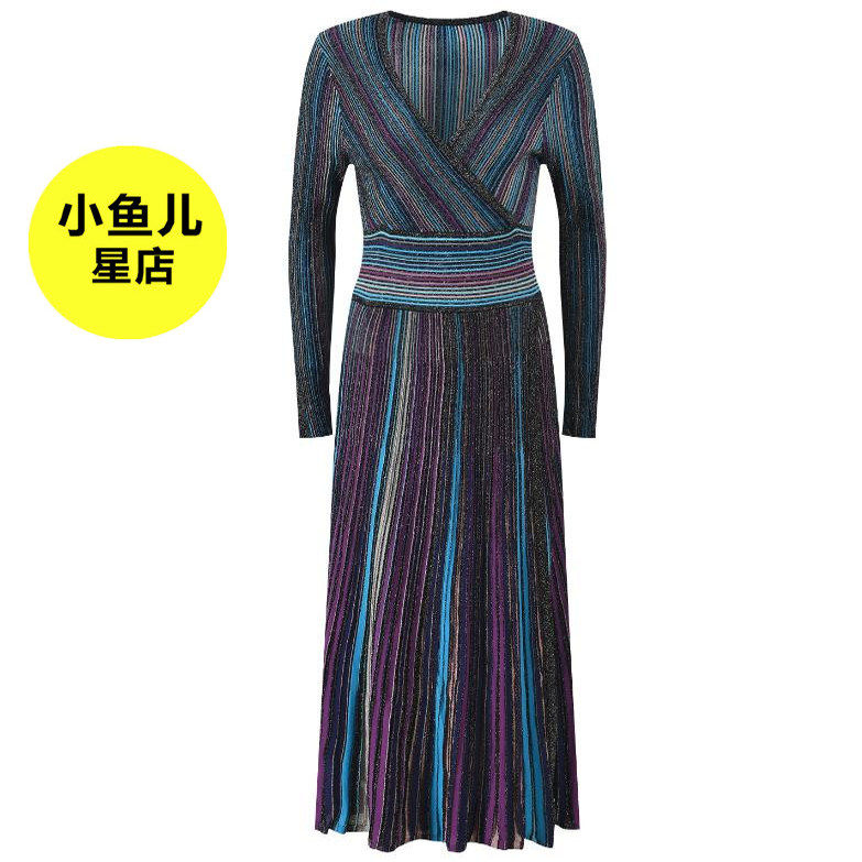 法式浪漫秋季新款气质条纹银丝线撞色修身显瘦V领针织百褶连衣裙