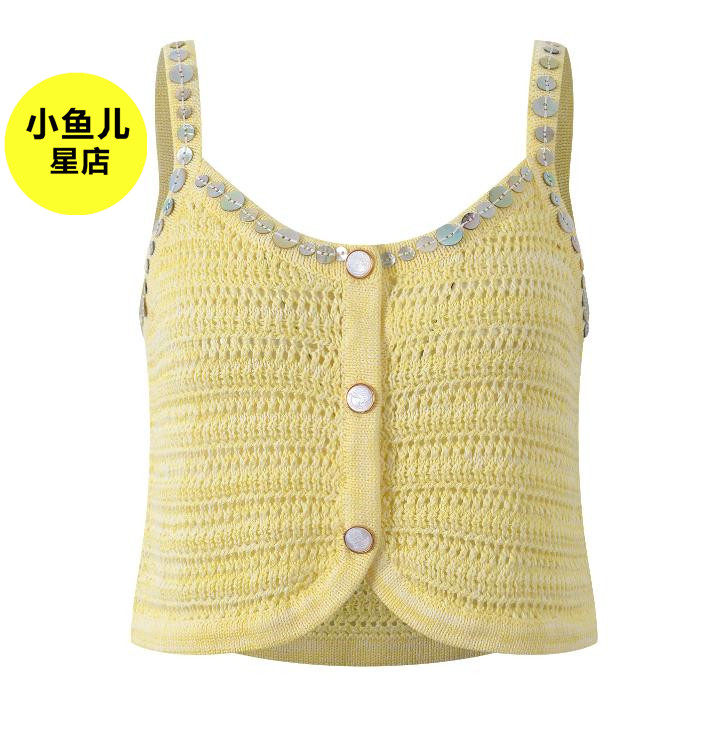 法式浪漫夏季新款黄色气质减龄修身显瘦短款亮片针织吊带背心上衣