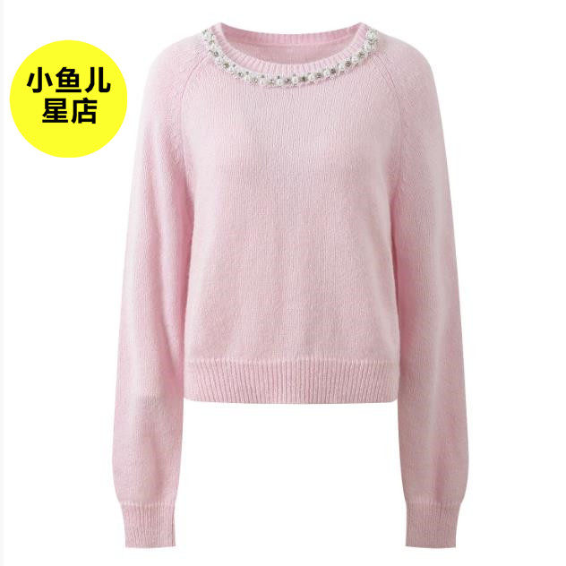 法式浪漫早春款圆领钉珠链条装饰甜美减龄通勤百搭短款针织衫毛衣