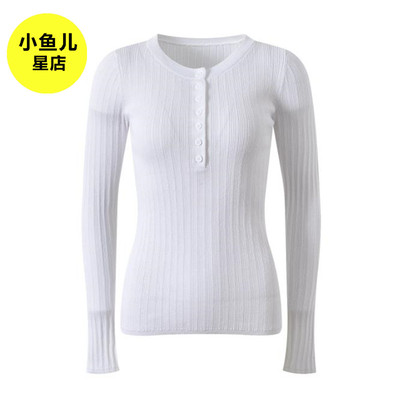 法式浪漫名媛风圆领单排扣竖条纹白色简约显瘦百搭长袖针织衫上衣