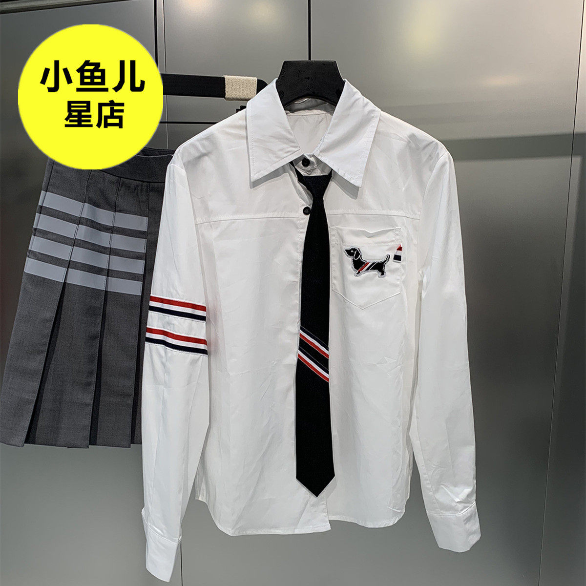 法式复古小众学院风小狗刺绣彩色织带宽松休闲百搭减龄含领带衬衣