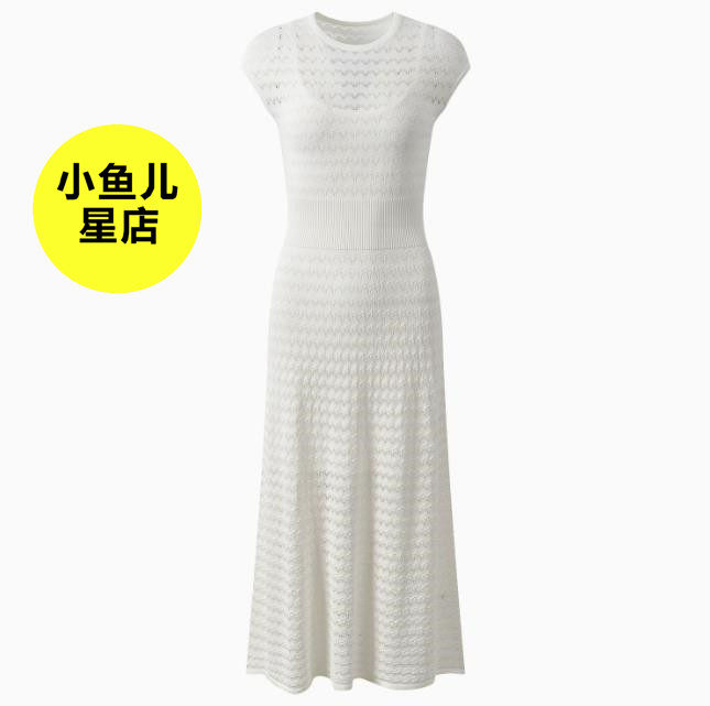 法式夏季新款波浪纹镂空钩花气质时尚修身显瘦圆领无袖针织连衣裙