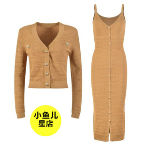 法式气质金扣休闲针织开衫短外套修身包臀吊带连衣裙两件套装修身