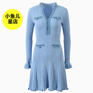 法式秋冬新款领口钉珠气质修身显瘦蓝色长袖木耳边下摆短款连衣裙