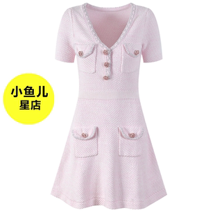 高端版 欧货法单小众S家粉红色针织收腰圆领浪花边短款修身连衣裙