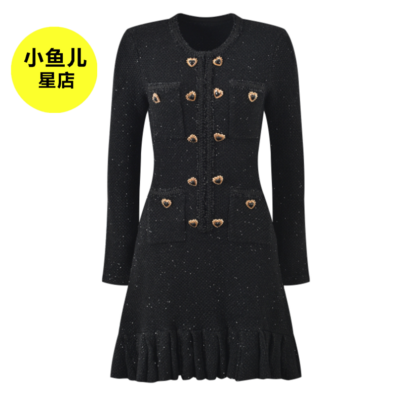 高端法式浪漫名媛小众设计感心形纽扣装饰黑色收腰显瘦针织连衣裙