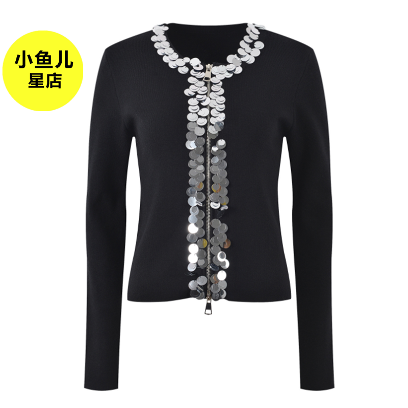 法式浪漫名媛风小众重工亮片圆领拉链上衣女短款修身显瘦针织开衫